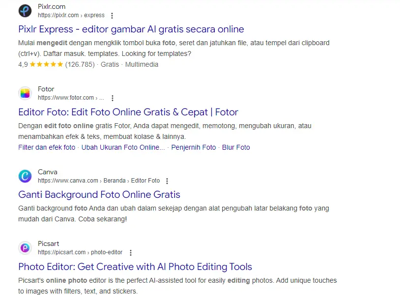 Examples of online photo editing apps on Google search engine