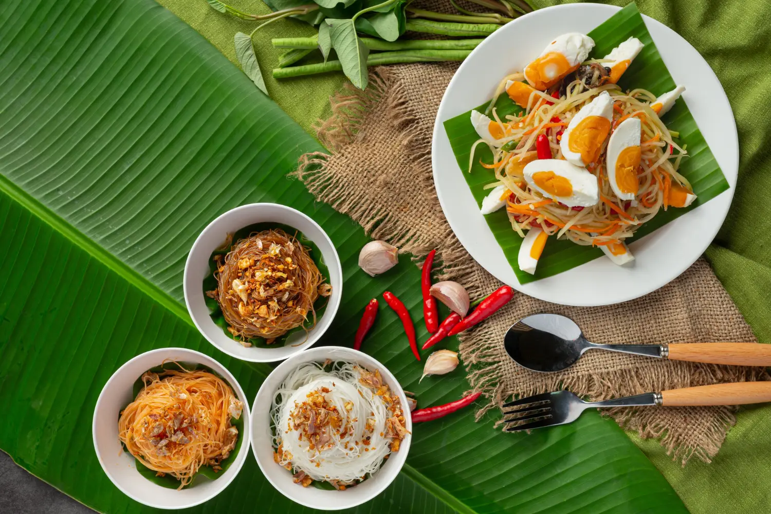 Examples of traditional Javanese dishes on banana leaves